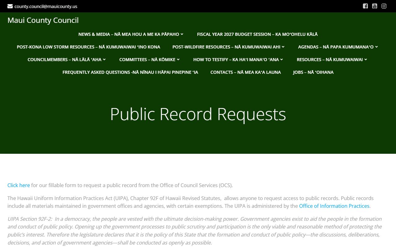 Maui County White Pages public records request portal